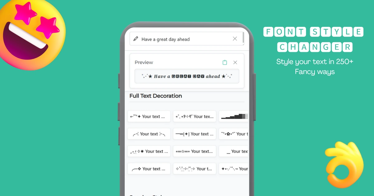 Mobile view of the Font Style Changer tool showing cool text styles